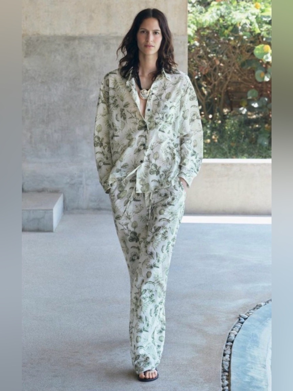 Zara 100% Cotton Botanical Print Relaxed Shirt & Pants Set